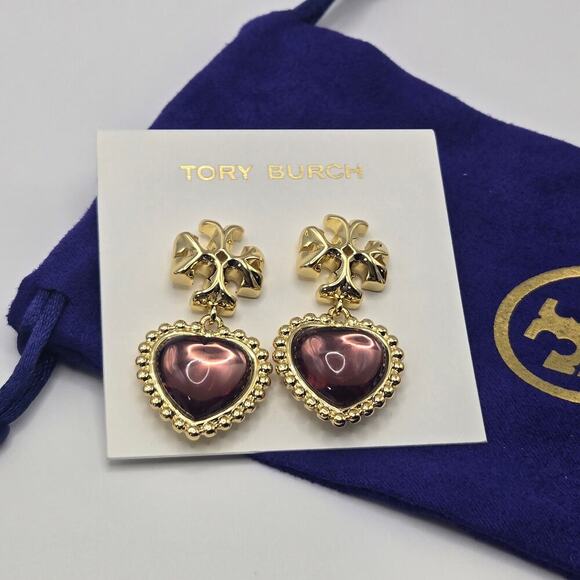 NEW Tory Burch Roxanne Heart Drop Earrings Logo Purple Burgundy Statement - Picture 2 of 5